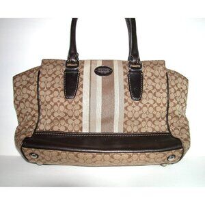 Coach Signature Brown Canvas & Leather Tote Bag With Dual Handles & Outer Zip Po